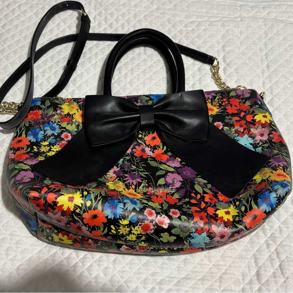 Karl Lagerfeld Paris Black Floral Satchel With Bow & Shoulder/Crossbody Strap